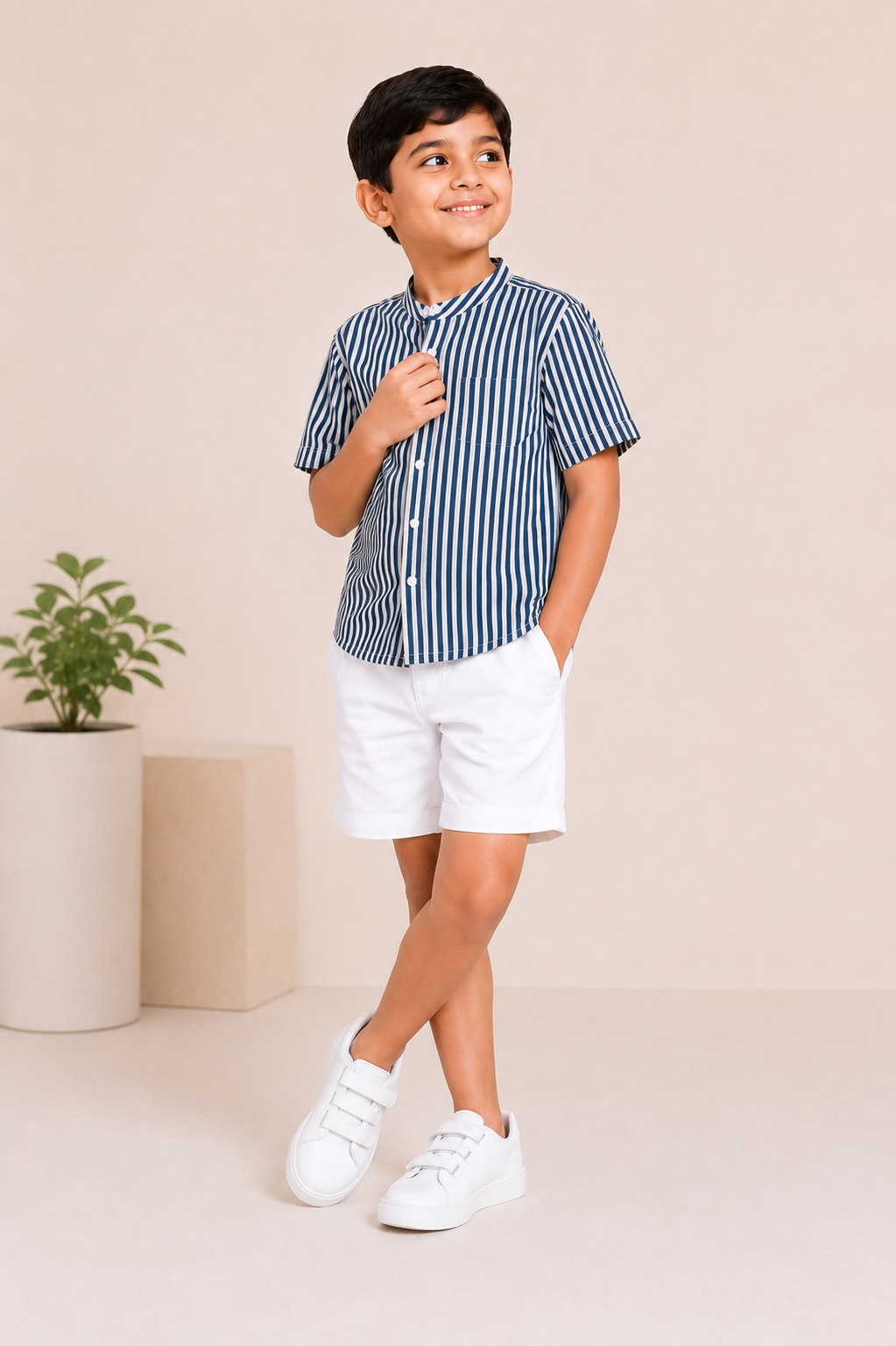 Navy Blue Striped Shirt & Shorts Set