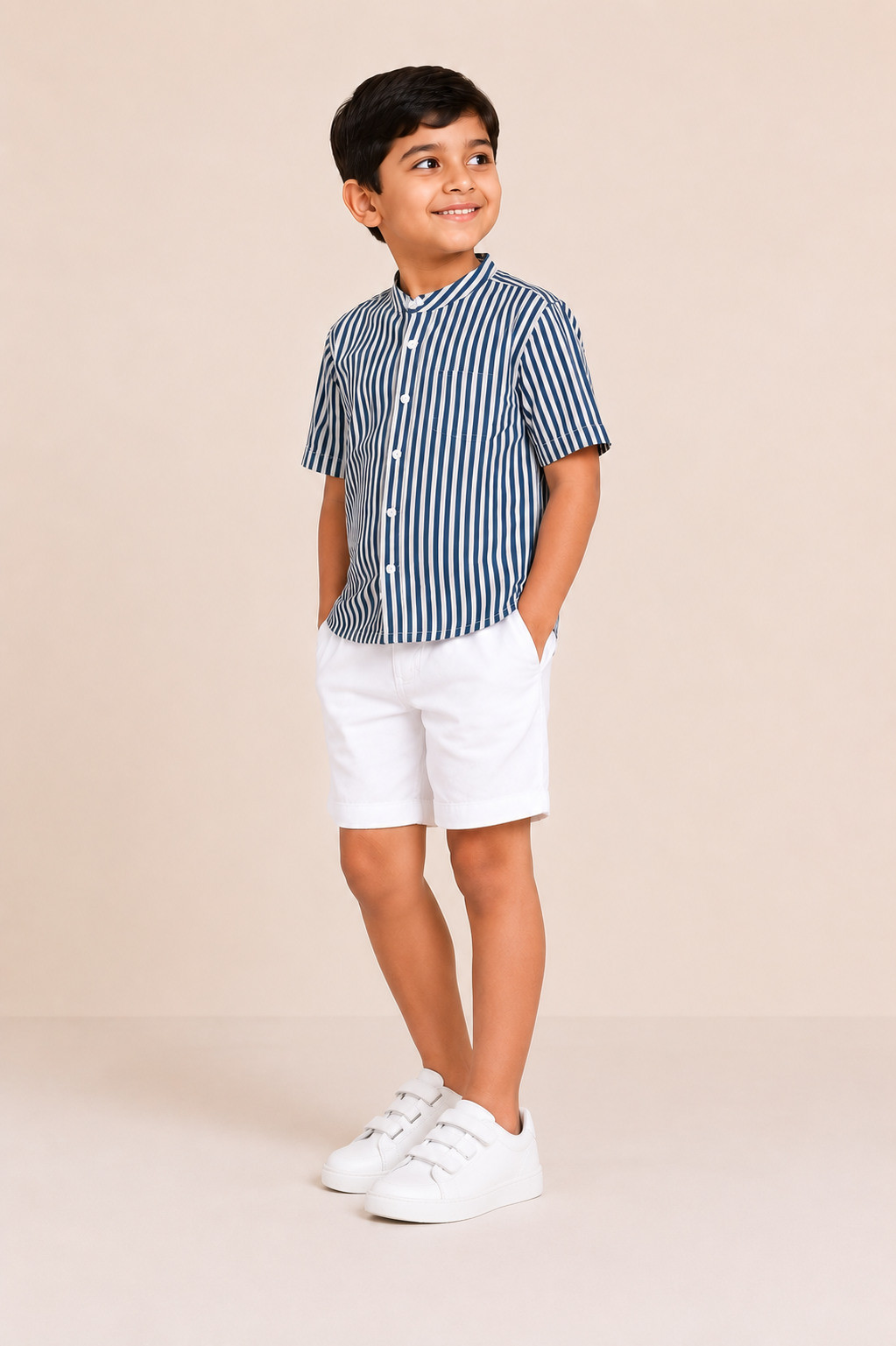 Navy Blue Striped Shirt & Shorts Set