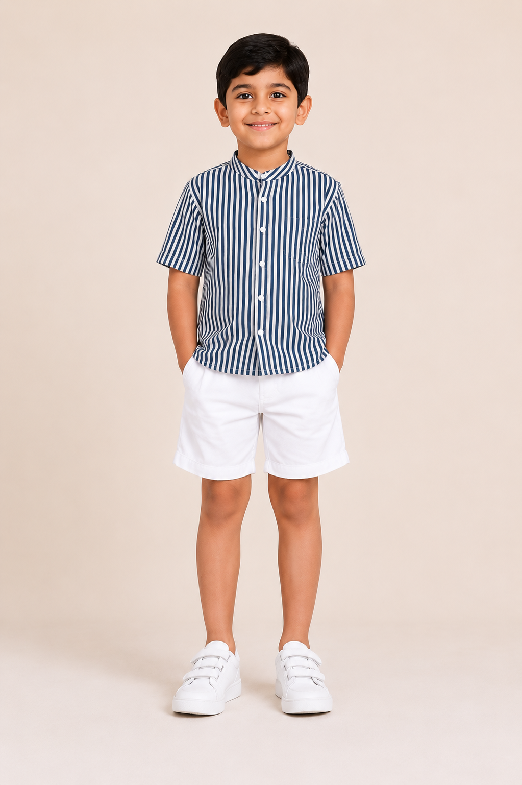 Navy Blue Striped Shirt & Shorts Set